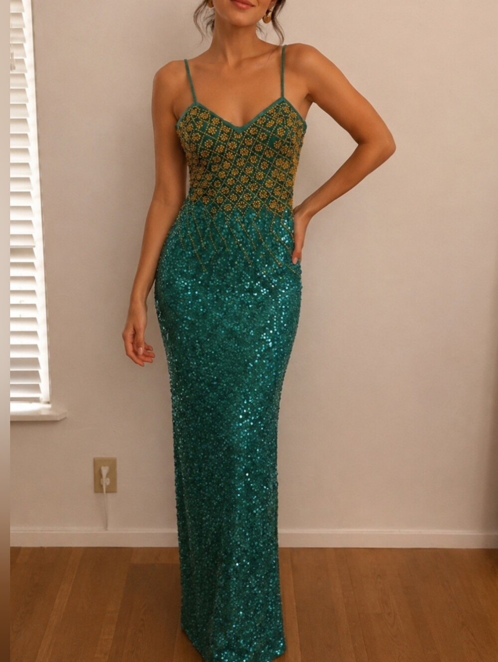 A.J. Bari 100% Silk Teal Sequin Maxi Dress with Gold Beaded Bodice